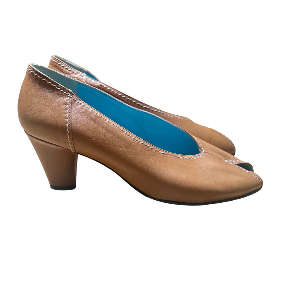 Thierry Rabotin Tan Leather Peep Toe Pumps White Stitching Italian Heels 39.5